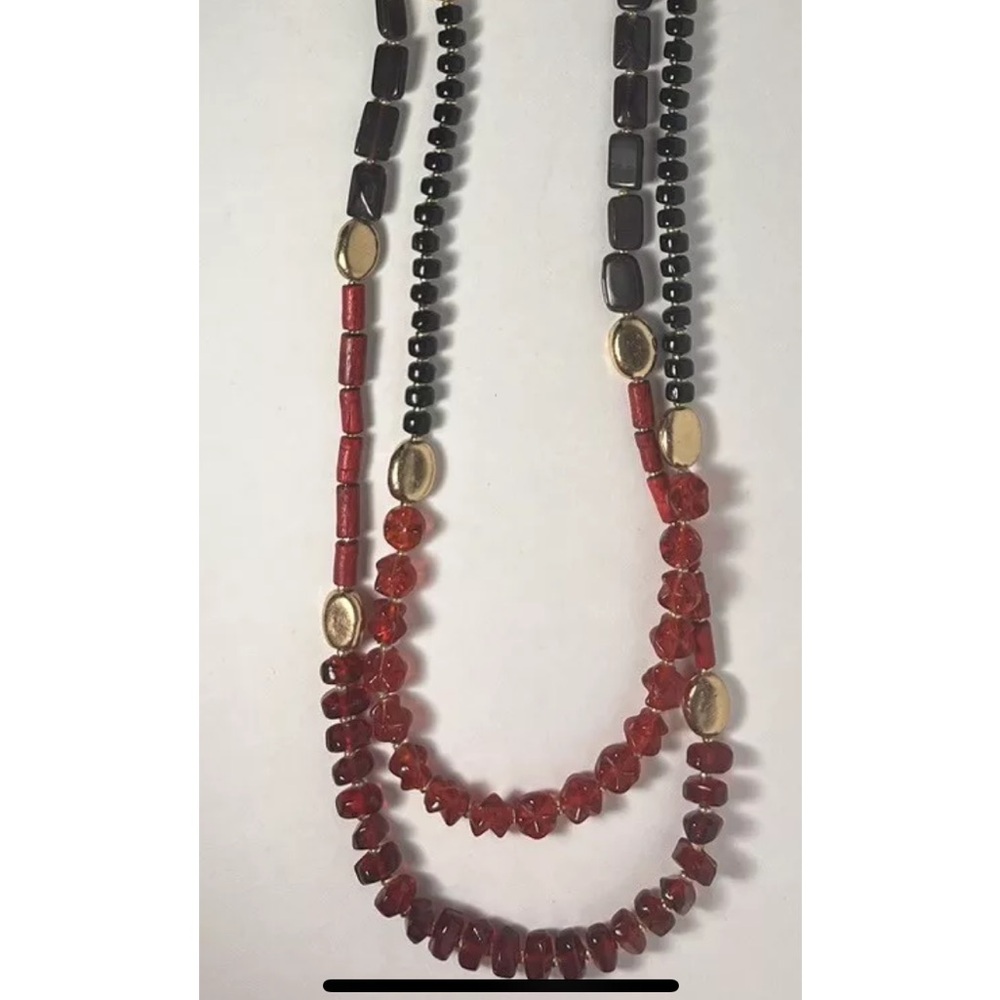 Chico’s Gold Toned Red And Black 40 Inch Double Strand Necklace